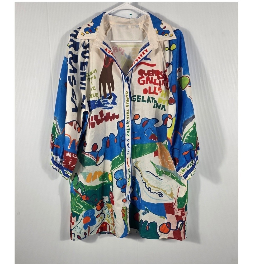 Artistic Graphic Print Mini ShirtDress 3/4 Sleeve Colorful Casual size L - Picture 4 of 9